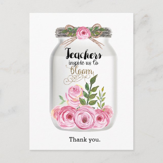 Mason Jar Flowers Thank You Teacher Postcard (Front)