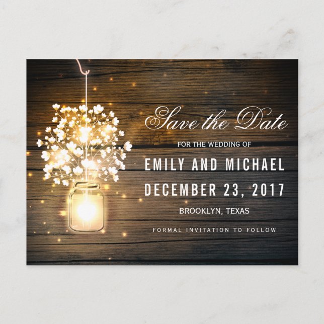 Mason Jar glowing Lights floral save the date Announcement Postcard (Front)