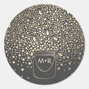 Mason Jar Gold Fireflies Rustic Chalkboard Wedding Classic Round Sticker