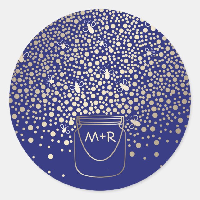 Mason Jar Gold Fireflies Rustic Navy Wedding Classic Round Sticker (Front)
