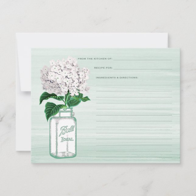 Mason Jar & Hydrangea Mint Green Recipe Card (Front)