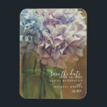 Mason Jar Hydrangeas Wedding Save The Date Magnet<br><div class="desc">A wedding save the date magnet featuring a photo of blue and purple hydrangeas in a mason jar over a barn wood background.</div>