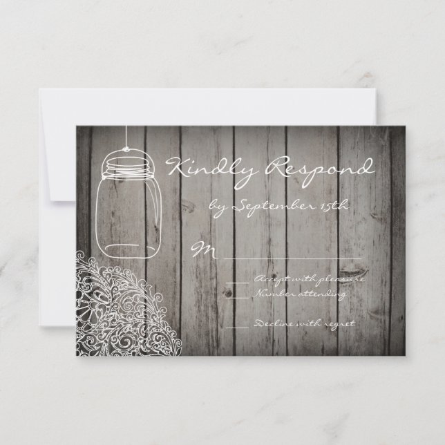 Mason Jar Lace Barn Wood Wedding RSVP Cards (Front)