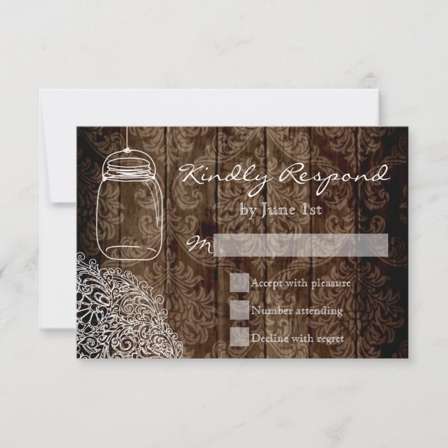 Mason Jar Lace Barn Wood Wedding RSVP Cards (Front)