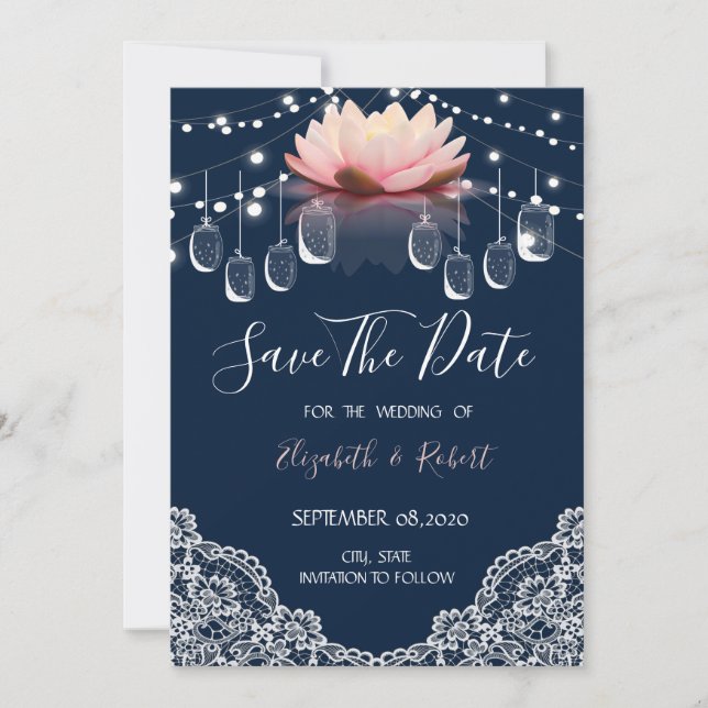 Mason Jar, Lace,Lotus Navy Blue Save The Date (Front)