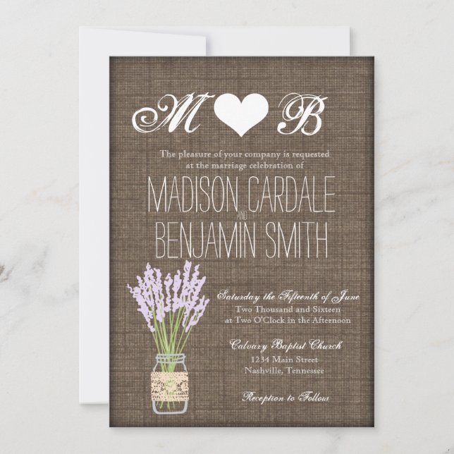 Mason Jar Lavender Rustic Burlap Wedding Invites (Front)