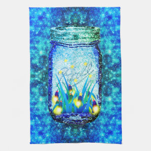 Mason jar lightning bug glowing firefly blue yello tea towel