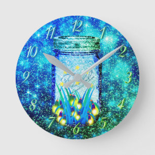 Mason jar lightning bug glowing firefly  magnet round clock