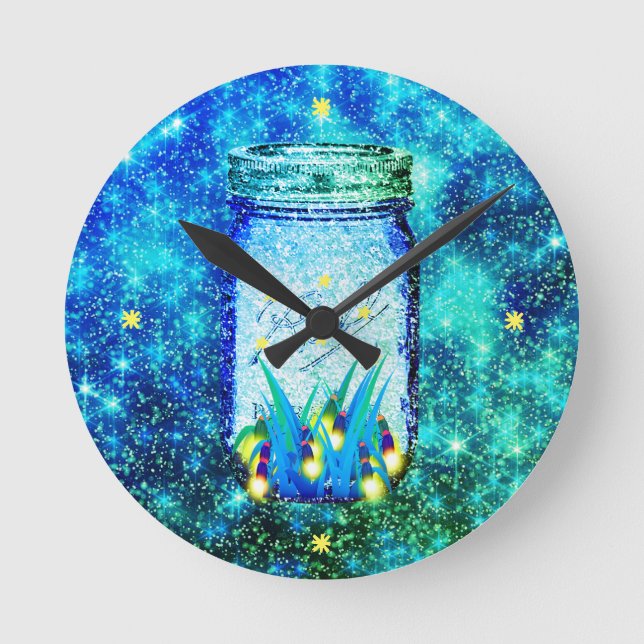 Mason jar lightning bug glowing firefly  round clock (Front)