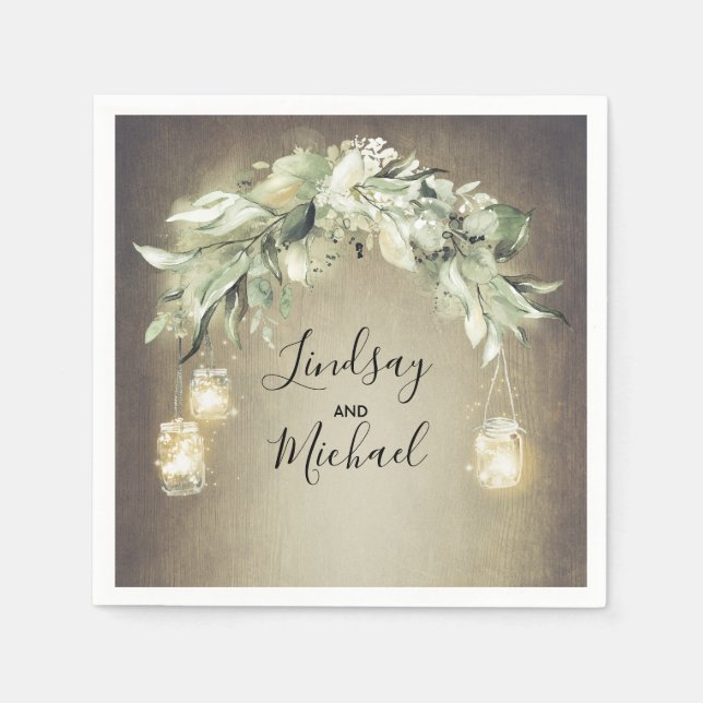 Mason Jar Lights and Greenery Rustic Wedding Napkin (Front)
