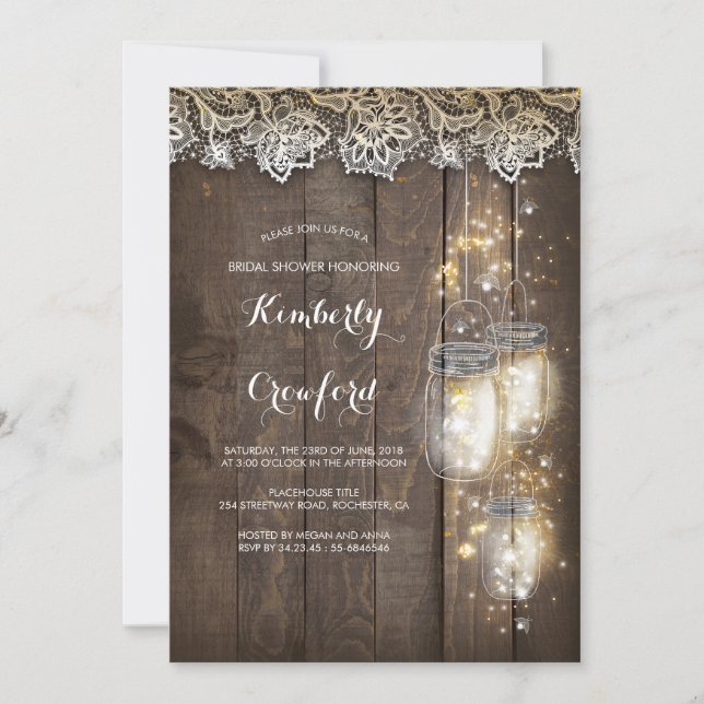 Mason Jar Lights and Lace Rustic Bridal Shower Invitation (Front)
