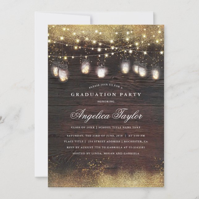 Mason Jar Lights and Rustic Wood Graduation Party Invitation (Front)