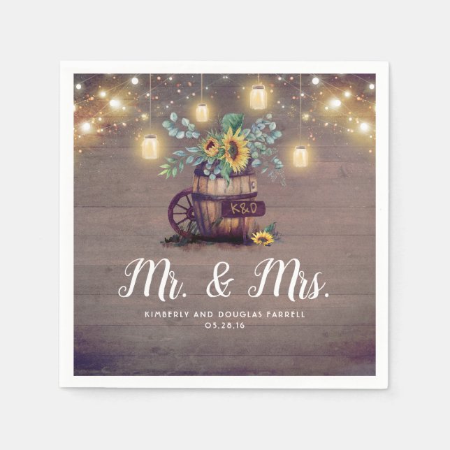 Mason Jar Lights and Sunflowers Rustic Wedding Napkin (Front)