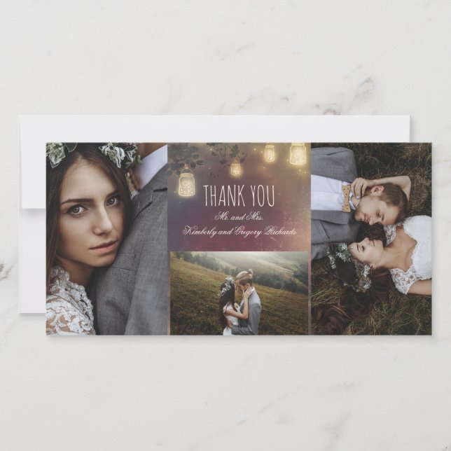 Mason Jar Lights Branches Rustic Wedding Thank You Card (Front)