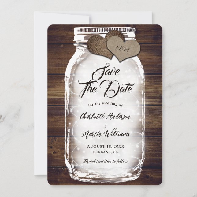 Mason Jar Lights Burlap Hearts Barn Wood Wedding Save The Date (Front)