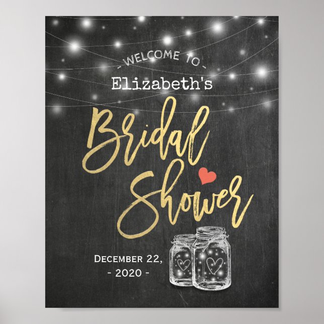 Mason Jar Lights Chalkboard Bridal Shower Welcome Poster (Front)