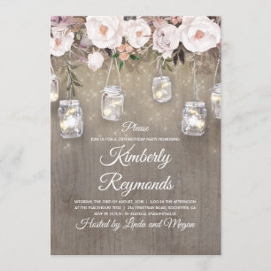 Mason Jar Lights Floral Rustic Birthday Party Invitation
