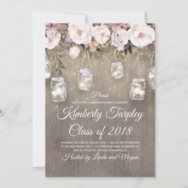 Mason Jar Lights Floral Rustic Graduation Party Invitation (Front)