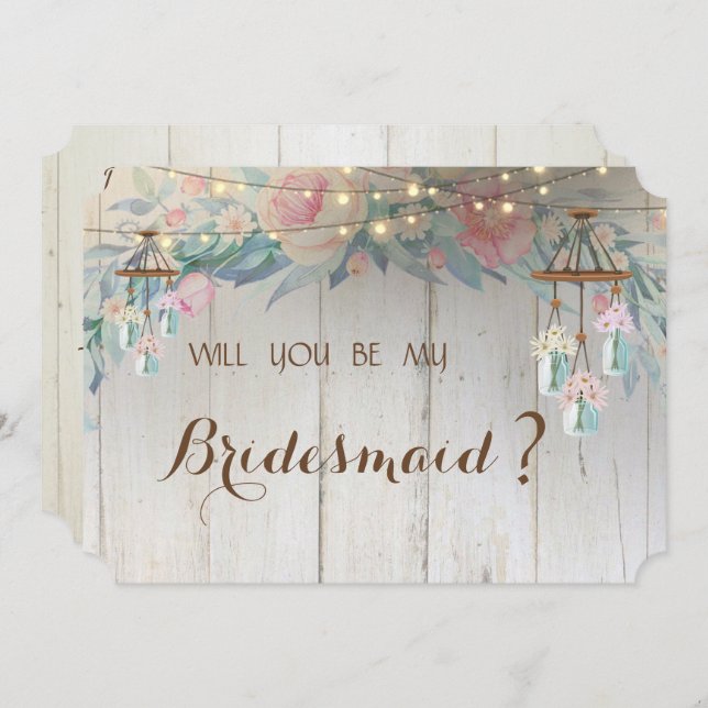 Mason Jar Lights,Flowers,Wood   Bridesmaid Card (Front/Back)