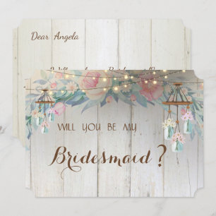 Mason Jar Lights,Flowers,Wood Bridesmaid Card