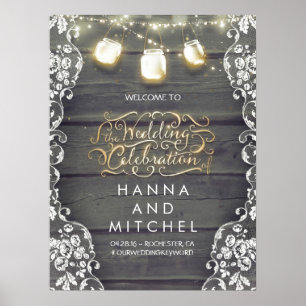 Mason Jar Lights Lace Wood Wedding Welcome Sign