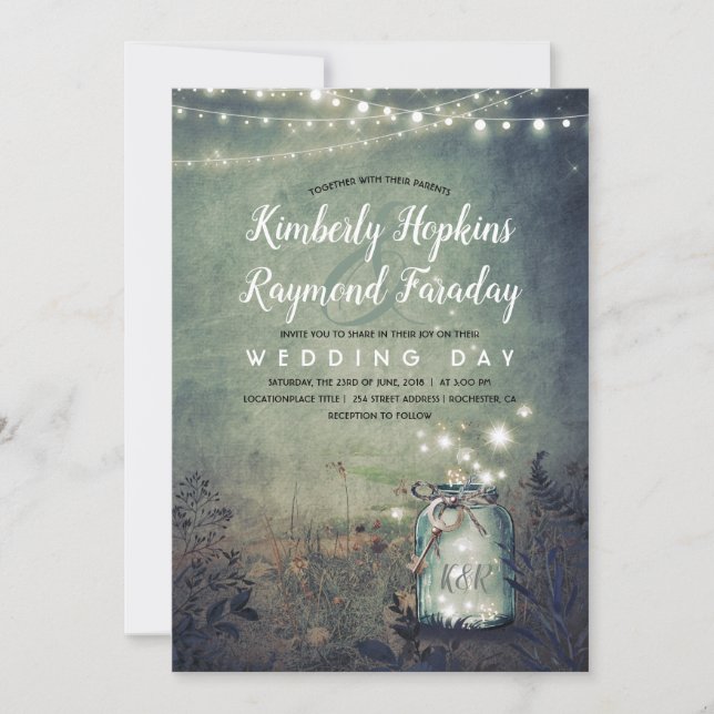 Mason Jar Lights | Rustic Garden | Evening Wedding Invitation (Front)