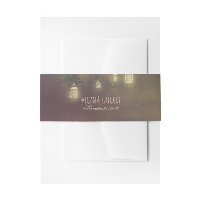 Mason Jar Lights Rustic Tree Branches Wedding Invitation Belly Band (Front Example)