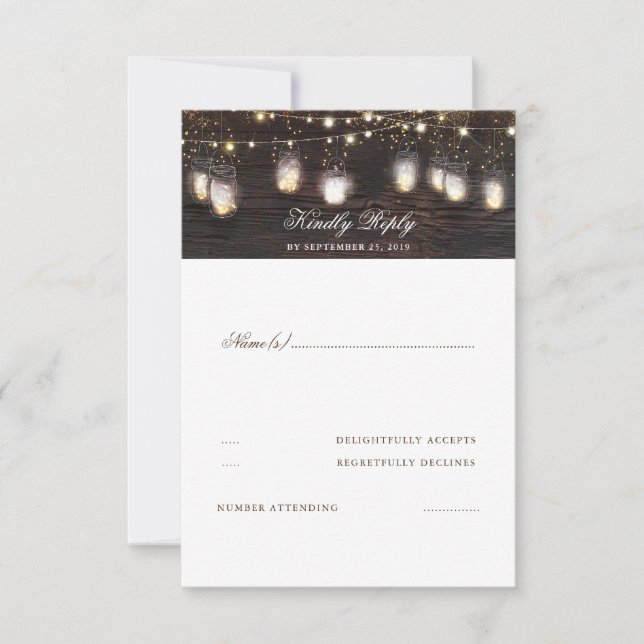 Mason Jar Lights Rustic Wedding RSVP Card (Front)