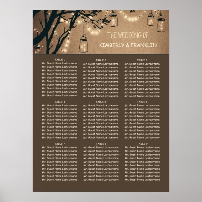 Mason Jar Lights Rustic Wedding Seating Chart (Front)