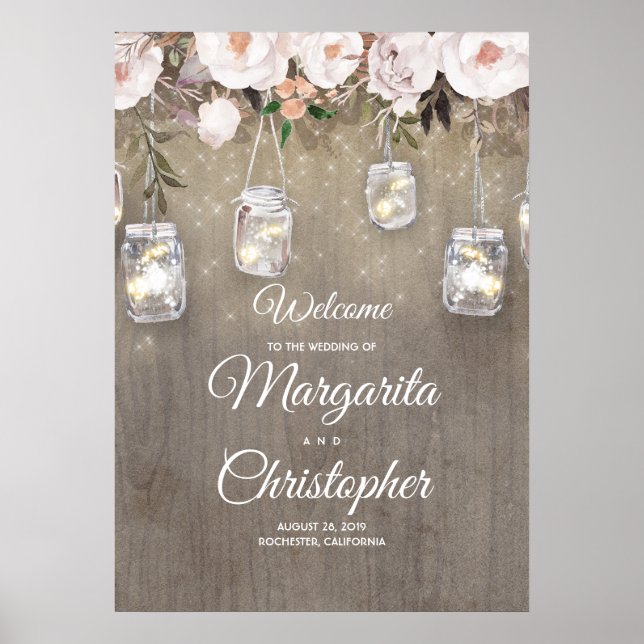 Mason Jar Lights Rustic Wedding Welcome Sign (Front)