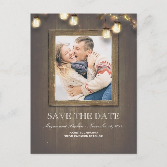 Mason Jar Lights Rustic Wood Photo Save The Date Announcement Postcard (Front)