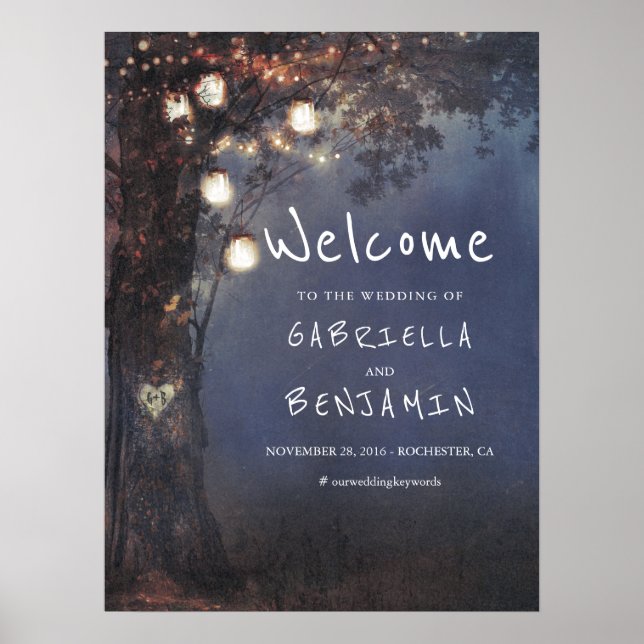 Mason Jar Lights Tree Wedding Welcome Sign (Front)