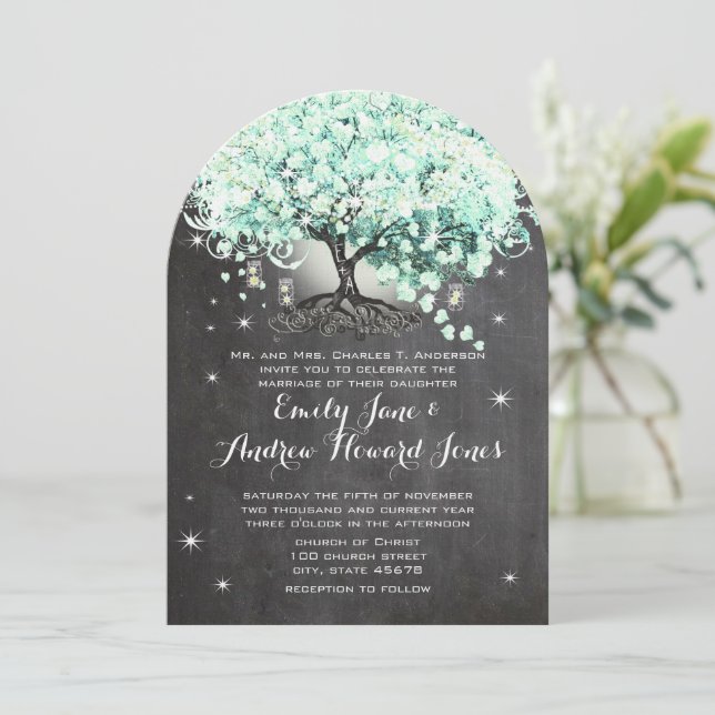 Mason Jar Mint Chalkboard Heart Leaf Tree Invitation (Standing Front)