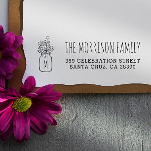 Mason Jar Monogram Family Name Return Address Rubber Stamp