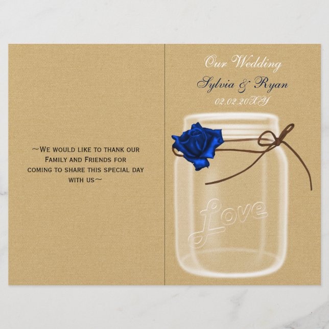 mason jar navy blue rose book fold Wedding program (Front)