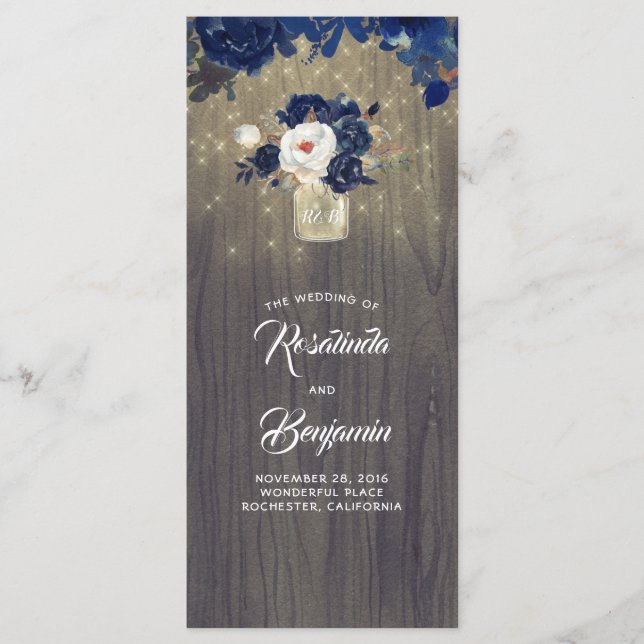 Mason Jar Navy Flowers Rustic Wedding Programs (Front)