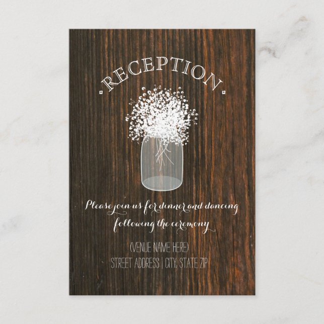 Mason Jar of Baby's Breath Wood Inspired Reception Enclosure Card (Front)