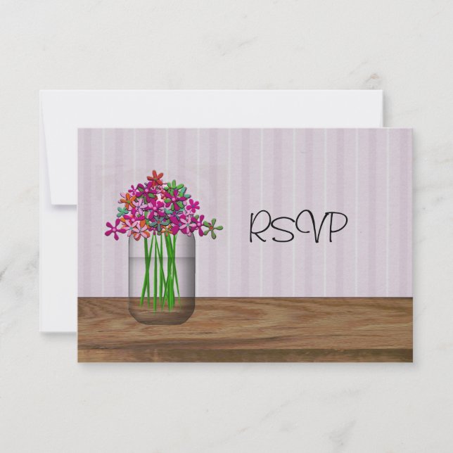 Mason Jar Of Flowers Wedding Reception RSVP Invitation (Front)