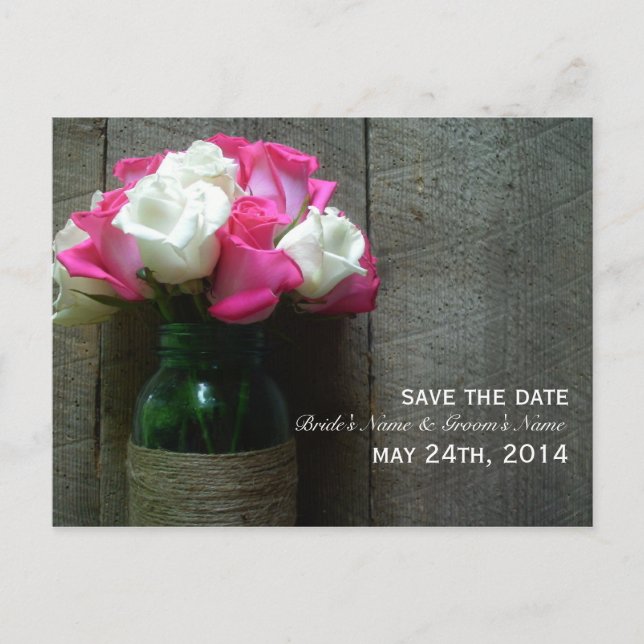Mason Jar Of Roses & Barnwood Save The Date Announcement Postcard (Front)