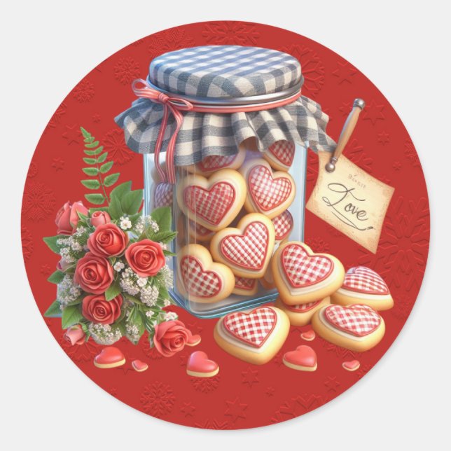 Mason Jar of Valentine Heart Cookies Classic Round Sticker (Front)
