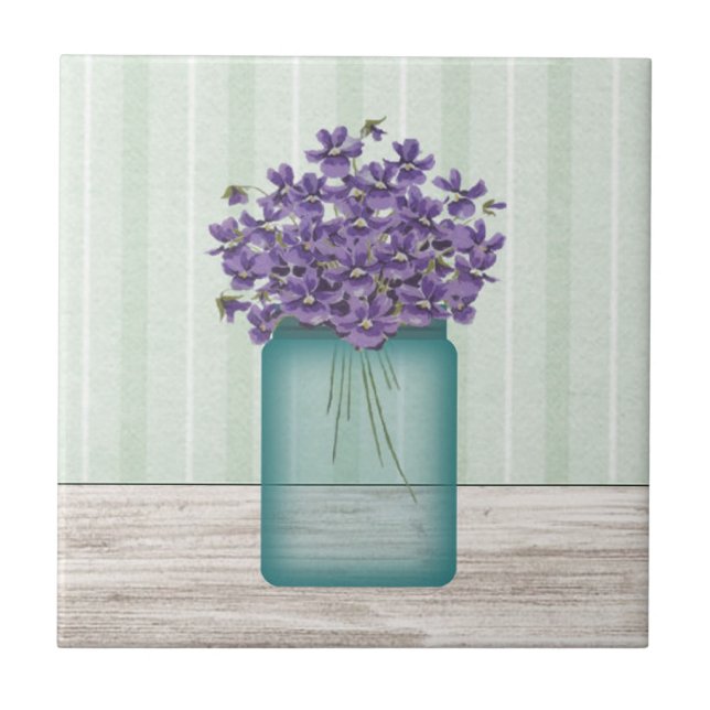 Mason Jar Of Violets Tile (Front)