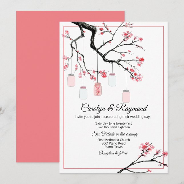 Mason Jar on Flowering Tree Wedding Invitation (Front/Back)