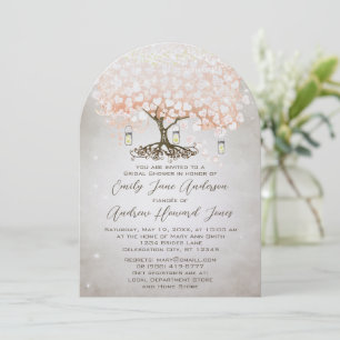 Mason Jar Peachy Pink Heart Leaf Tree Wedding Invitation