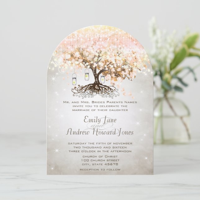 Mason Jar Peachy Pink Heart Leaf Tree Wedding Invitation (Standing Front)