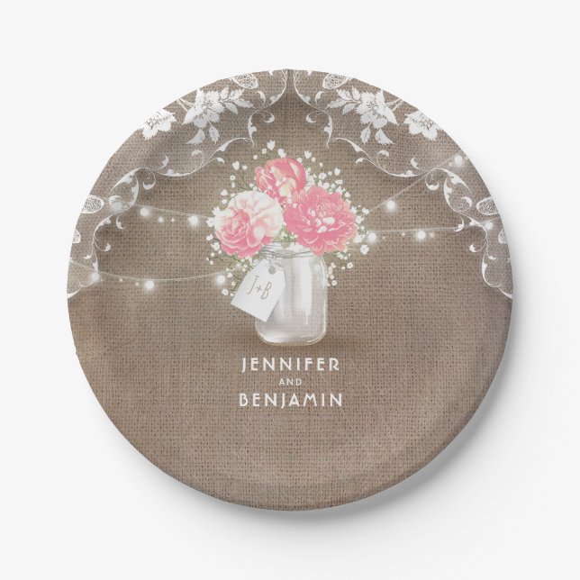 Mason Jar Peonies Lace and Burlap Wedding Paper Plate (Front)