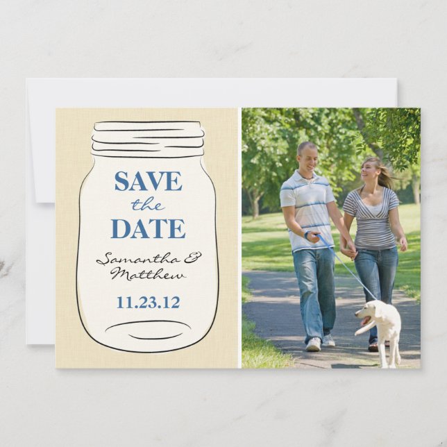 Mason Jar Photo Save the Date Card - Blue (Front)