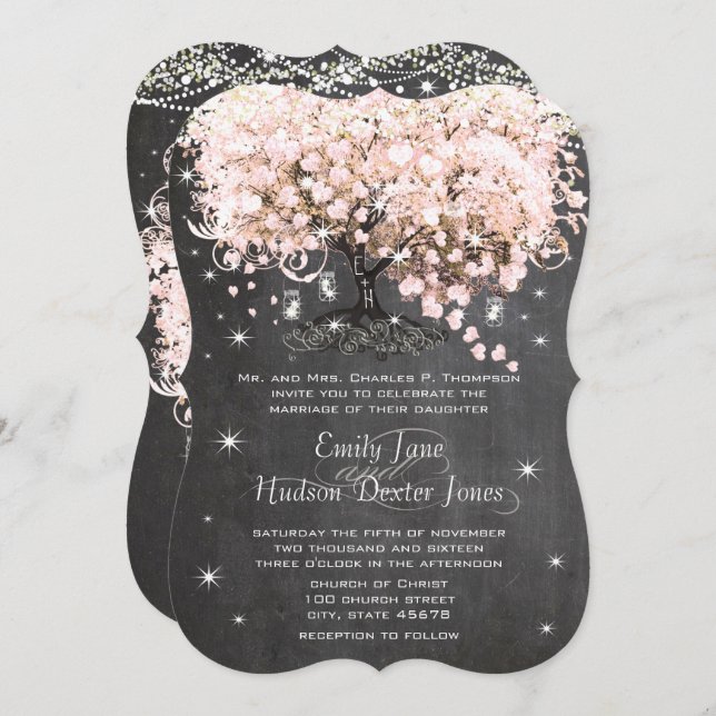 Mason Jar Pink Chalkboard Heart Leaf Tree Invitation (Front/Back)