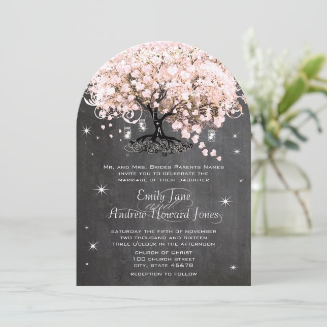 Mason Jar Pink Chalkboard Heart Leaf Tree Invitation (Standing Front)