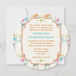 Mason Jar Pink Coral Turquoise Floral Wedding Invitation