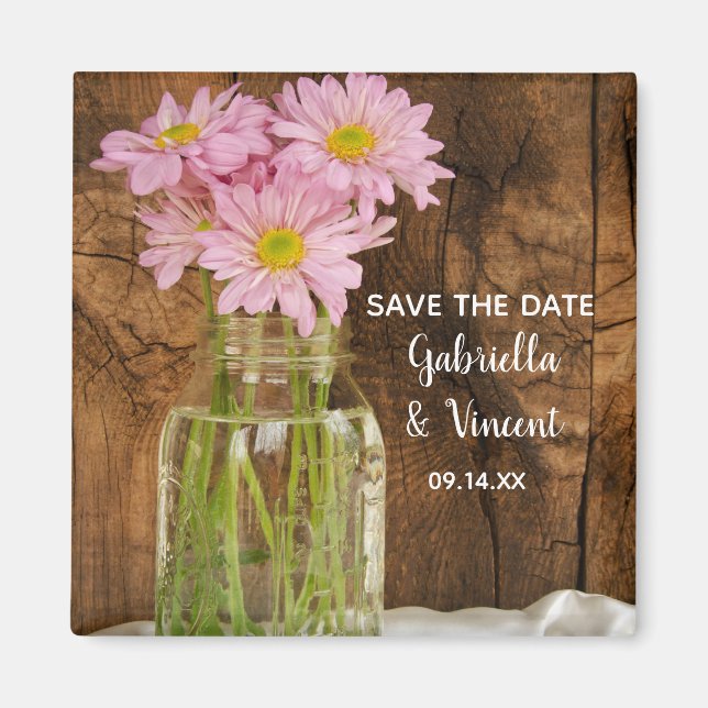 Mason Jar Pink Daisies Barn Wedding Save the Date Magnet (Front)